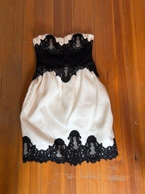 Vivienne Tam White Strapless Dress with Black Lace Trim